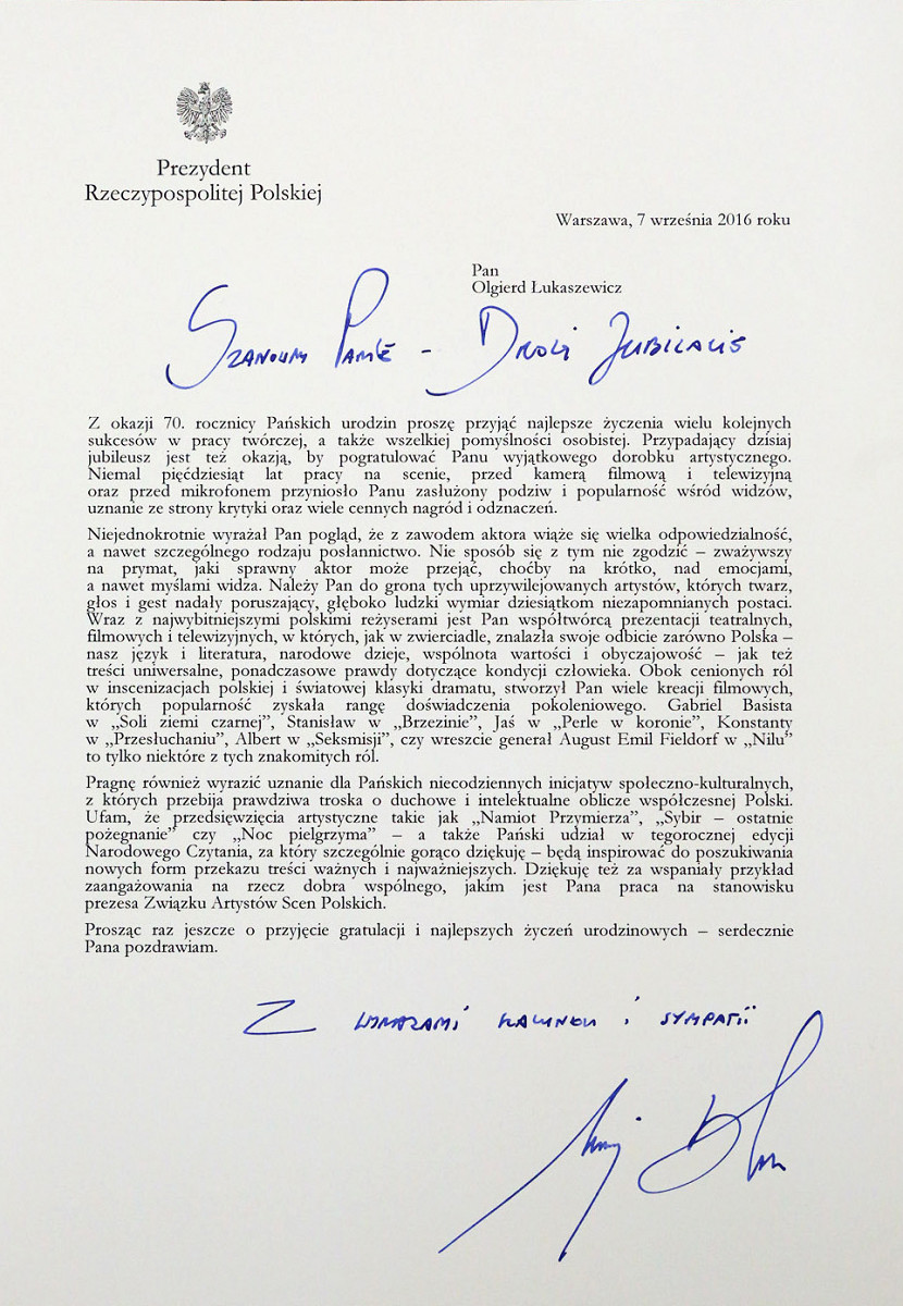 Życzenia urodzinowe dla Olgierda Łukaszewicza - zdjęcie w treści artykułu