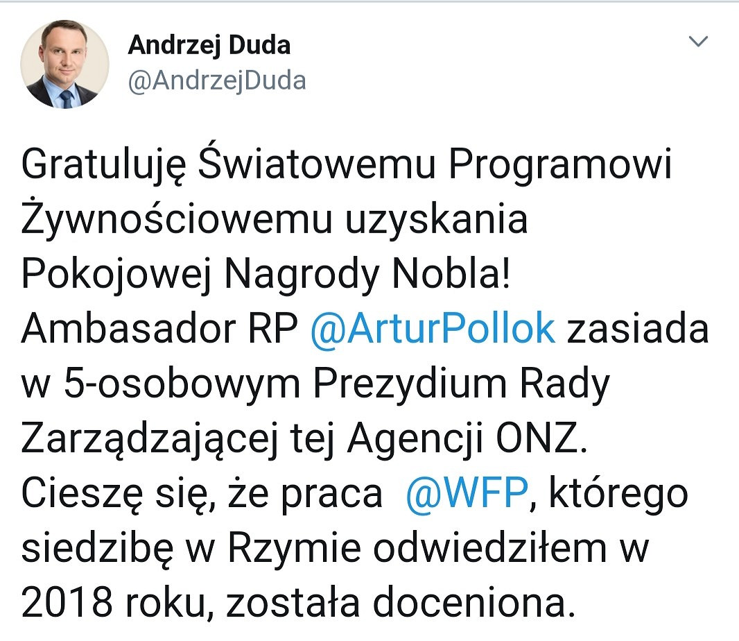 Gratulacje dla Światowego Programu Żywnościowego - zdjęcie w treści artykułu