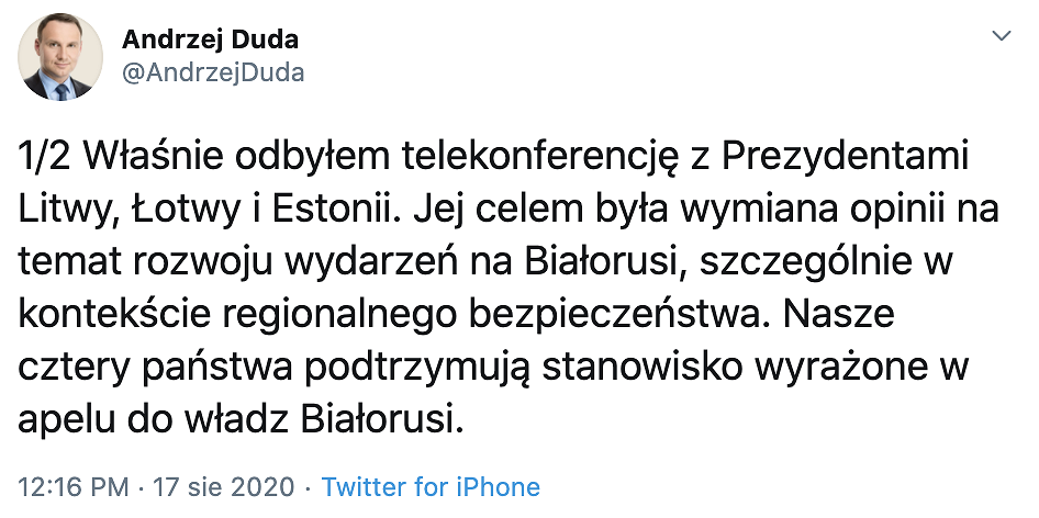 Prezydent: Polska, Litwa, Łotwa i Estonia podtrzymują apel do władz Białorusi - zdjęcie w treści artykułu