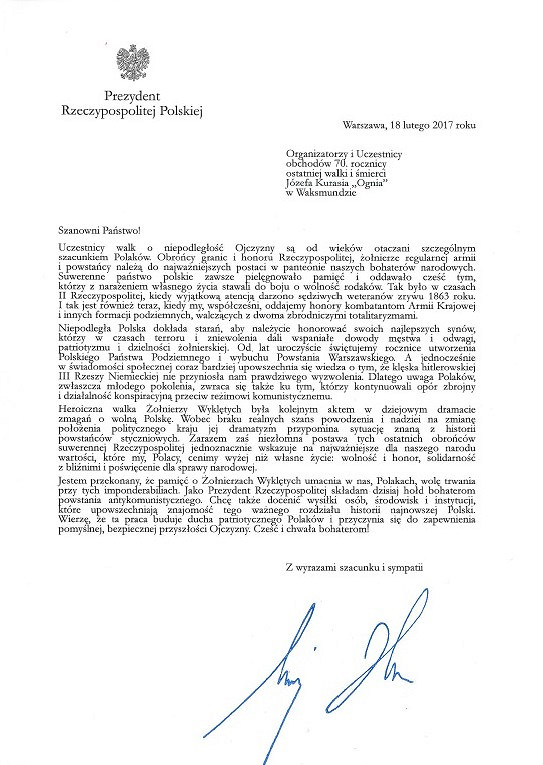List do Uczestników obchodów 70. rocznicy ostatniej walki i śmierci Józefa Kurasia „Ognia” - zdjęcie w treści artykułu