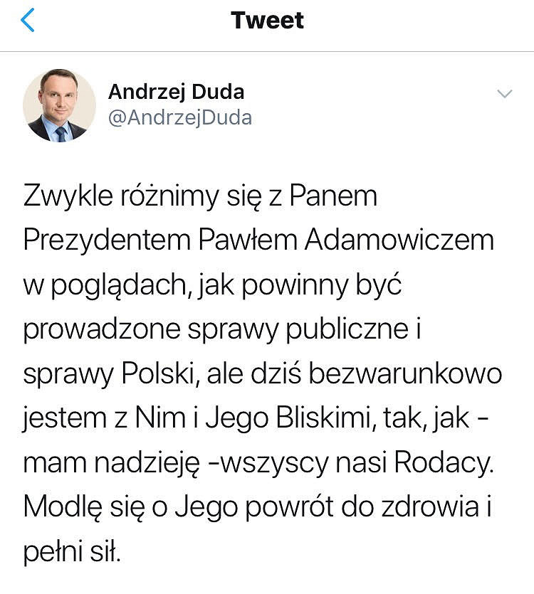 Prezydent: Dziś bezwarunkowo jestem z Prezydentem Adamowiczem, modlę się o jego powrót do zdrowia - zdjęcie w treści artykułu