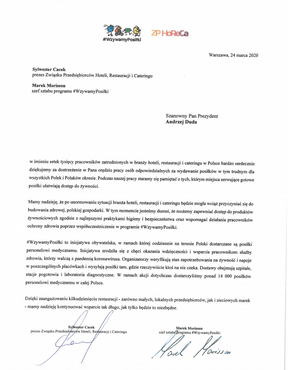 Przedstawiciele branży hoteli, restauracji i cateringu dziękują Prezydentowi - zdjęcie w treści artykułu