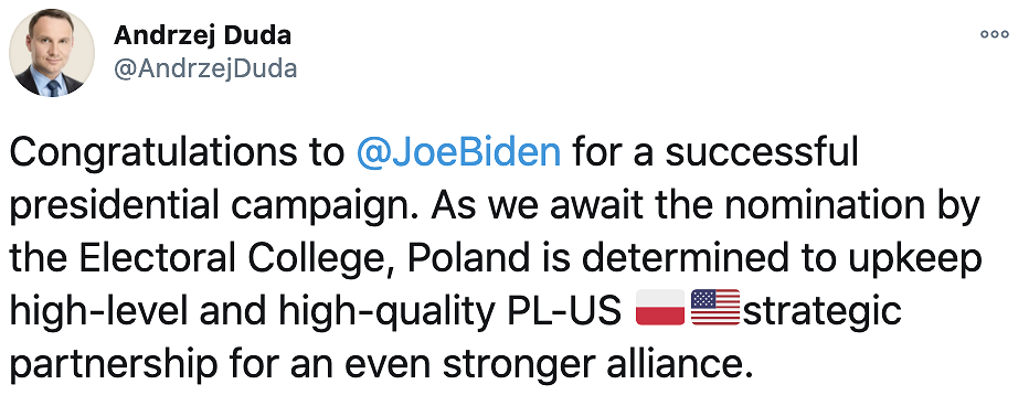 Prezydent Andrzej Duda: Gratulacje dla Joe Bidena za udaną kampanię prezydencką [PL/EN] - zdjęcie w treści artykułu