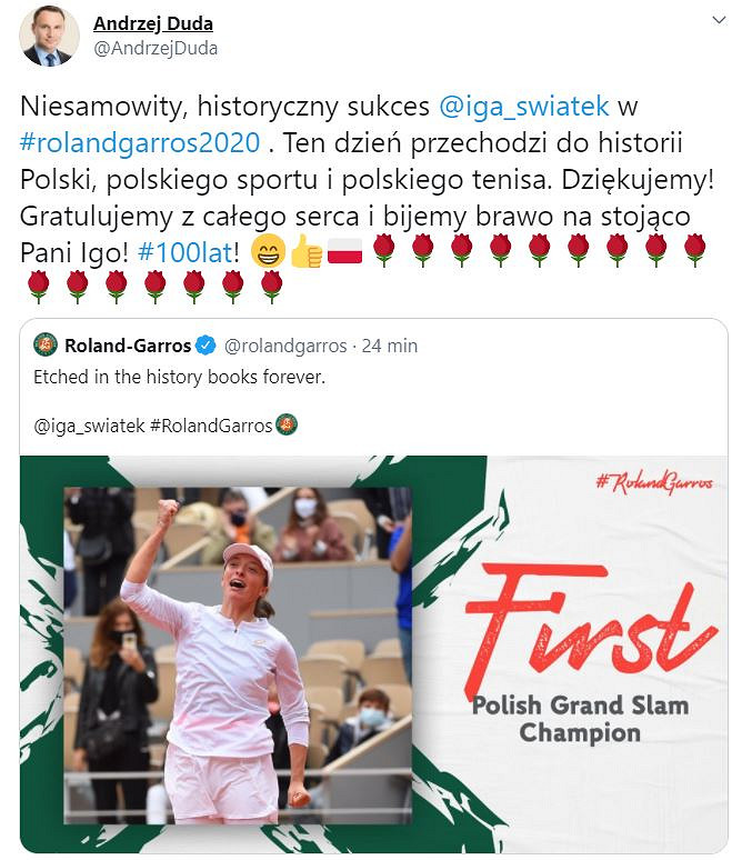 Gratulacje dla Igi Świątek – zwyciężczyni turnieju French Open - zdjęcie w treści artykułu