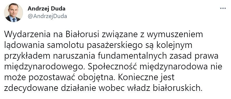Prezydent: Wydarzenia na Białorusi kolejnym przykładem naruszania fundamentalnych zasad prawa międzynarodowego - zdjęcie w treści artykułu