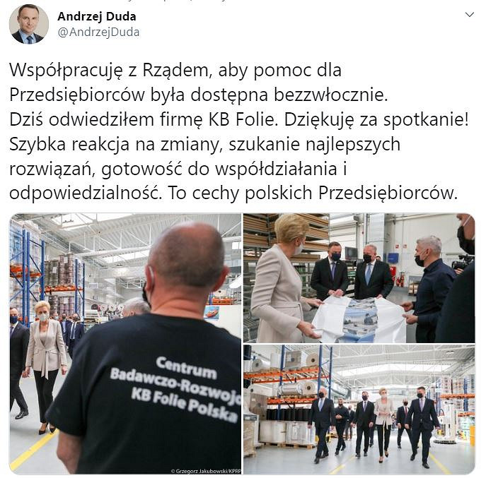 Para Prezydencka z wizytą w Centrum Badawczo-Rozwojowym KB Folie Polska sp. z o.o. w Brzezinach - zdjęcie w treści artykułu