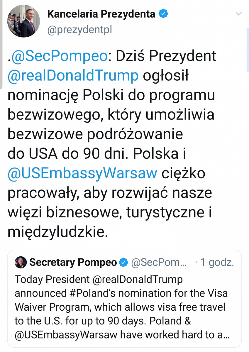 Prezydent: Mam nadzieję, że niebawem ruch bezwizowy pomiędzy Polską a USA stanie się faktem - zdjęcie w treści artykułu nr 1