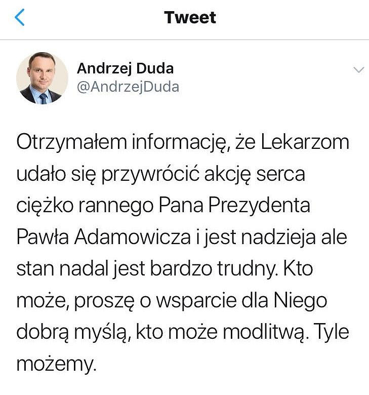 Prezydent: Dziś bezwarunkowo jestem z Prezydentem Adamowiczem, modlę się o jego powrót do zdrowia - zdjęcie w treści artykułu nr 1